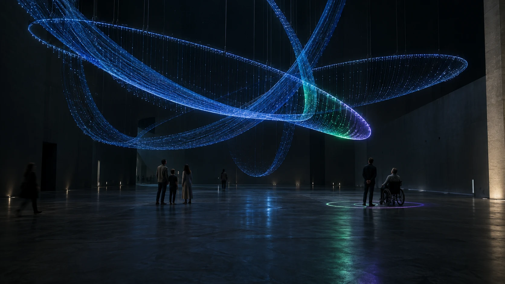 Visión conceptual de una instalación de luz suspendida inspirada en la astronomía, con visitantes bajo sus grandes órbitas